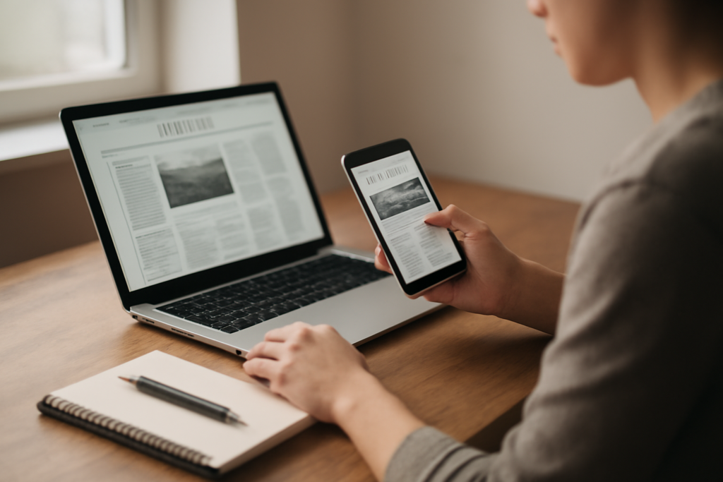 Seseorang membaca beberapa portal berita harian di laptop dan ponsel untuk membandingkan informasi